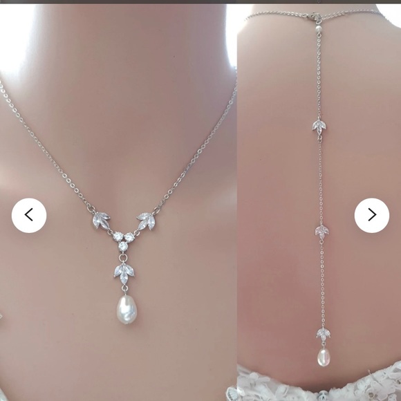 Bridal necklace and bracelet - ivory pearls and CZ - back drop style at clasp - Picture 9 of 10